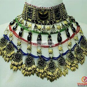 Afghan Big Statement Choker Necklace, Pure Afghan Black Glass Stones Choker